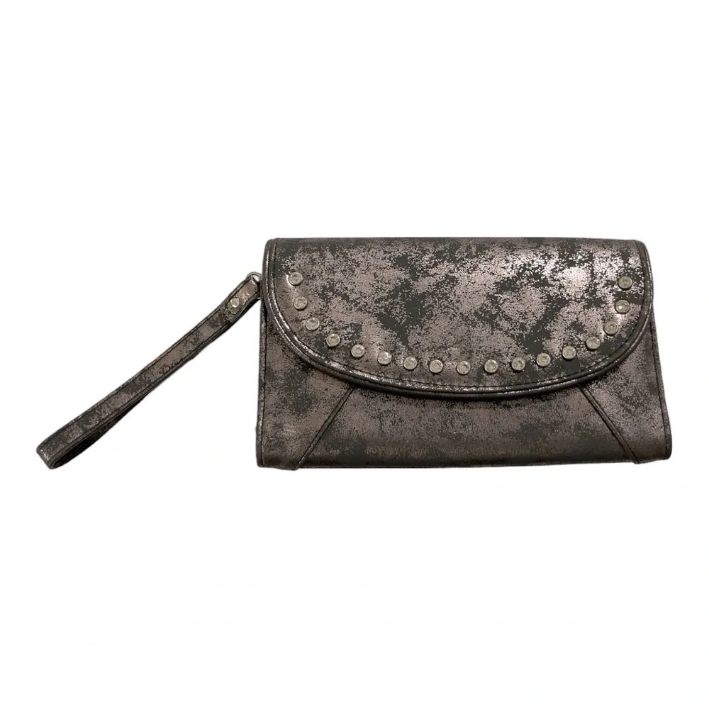 Metallic Silver and Black studded Clutch purse with wrist band